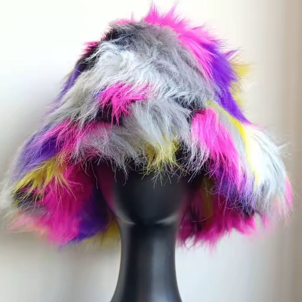 Black Rainbow Marble Swirl Faux Fur Costume‎ Y2K Rave Fuzzy Furry Bucket Hat